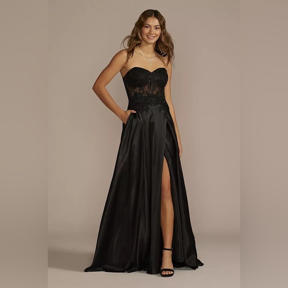Blondie nites Strapless Illusion Lace Applique Satin A-Line brand new sz 5 black